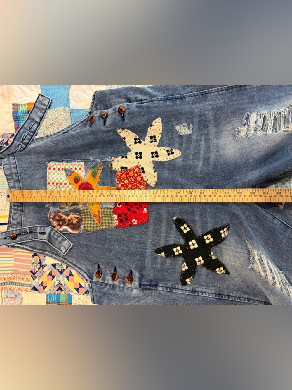 Sedona Artist OOAK Patchwork Denim Overalls girlhood floral Star Appliqués L - Picture 6 of 8